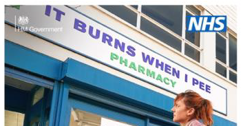 A woman stands outside a pharmacy, the sign says 'it burns when I wee' in blue writing