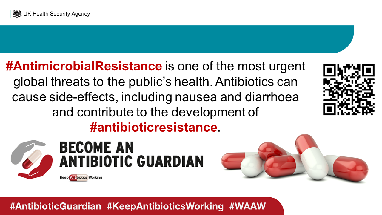 Red and white tablets alongside 'become an antibiotic guardian'