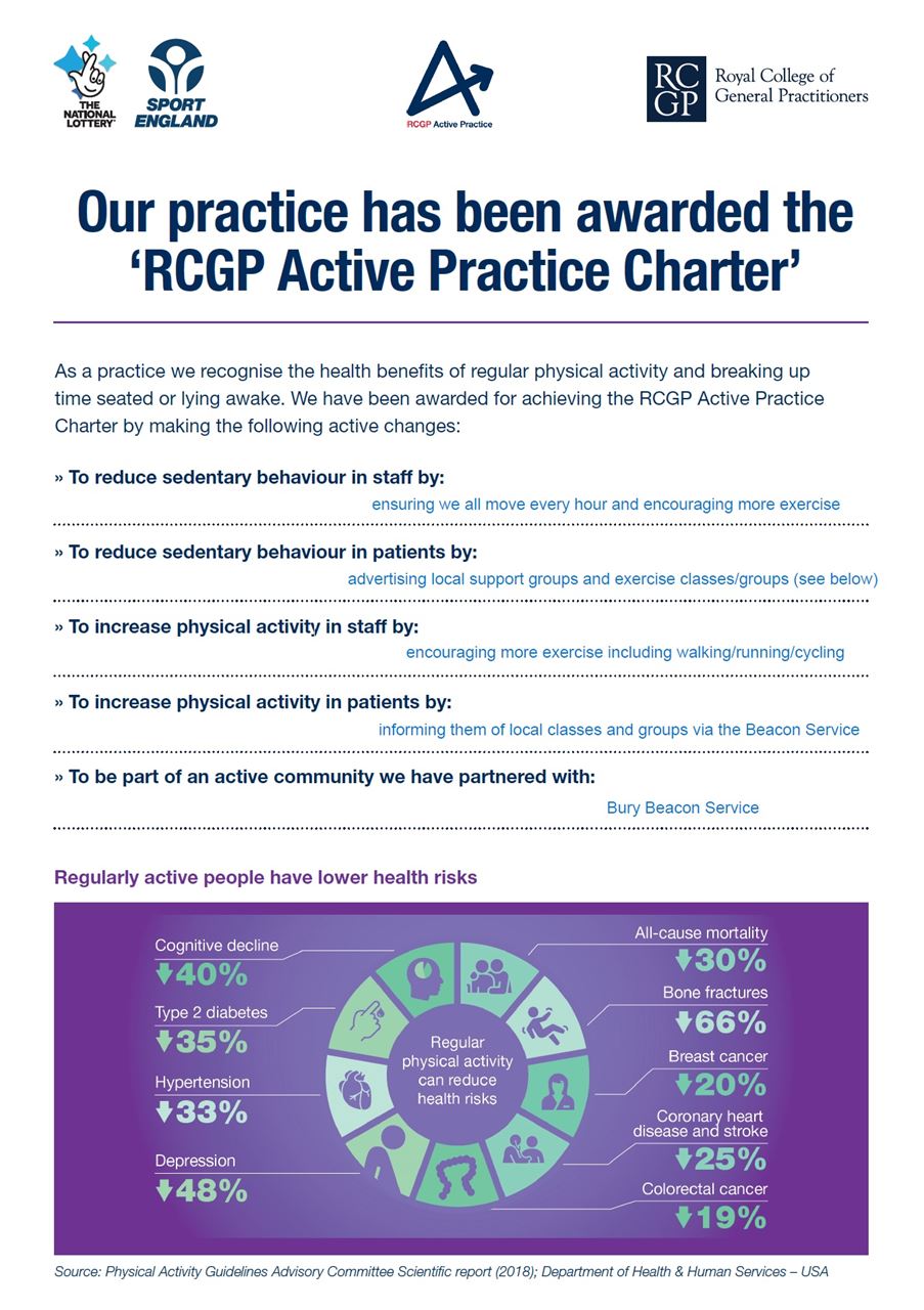 Blue, purple and white, RCGP Active Practice Charter
