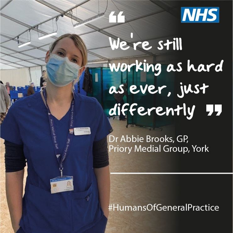 A female GP in blue uniform wearing a face mask 'we're still working as hard as ever, just differently'