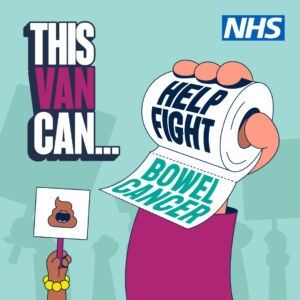 A hand holds a white placard with a brown, smiling stool on it. A hand also holds a white toilet roll with black and teal writing which says 'help fight bowel cancer'